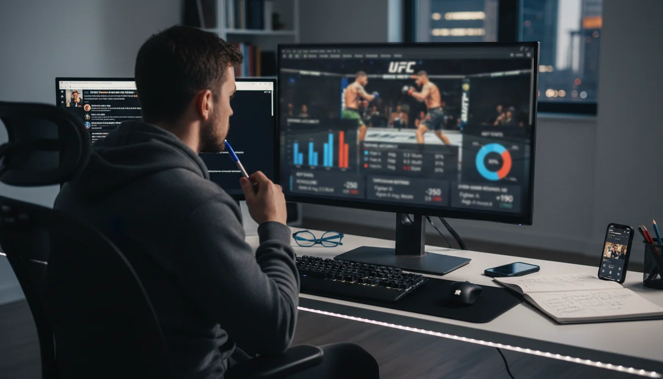 Pessoa assistindo análise de luta de UFC em computador