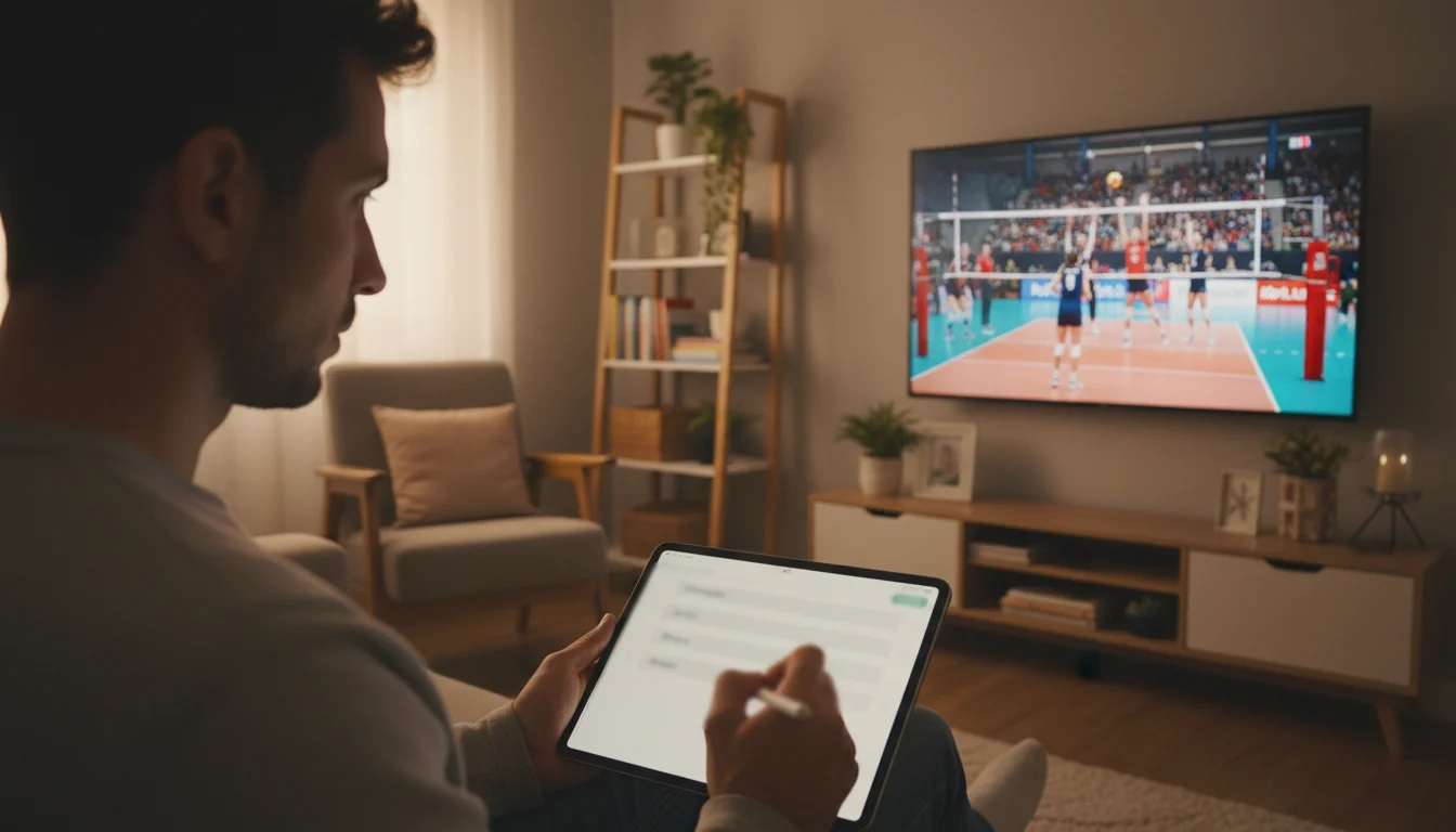 Pessoa assistindo partida de vôlei na TV enquanto faz anotações