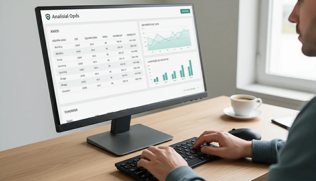 Tela de computador mostrando gráficos de odds e estatísticas de futebol
