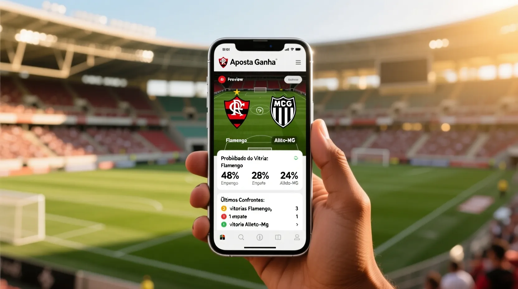 Smartphone moderno exibindo o aplicativo Aposta Ganha com interface de apostas esportivas em um ambiente de estádio