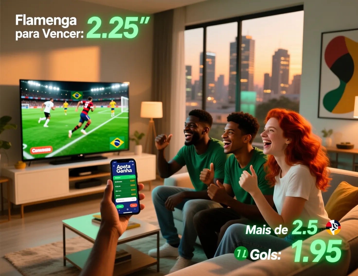 Amigos assistindo futebol e fazendo apostas ao vivo pelo aplicativo Aposta Ganha
