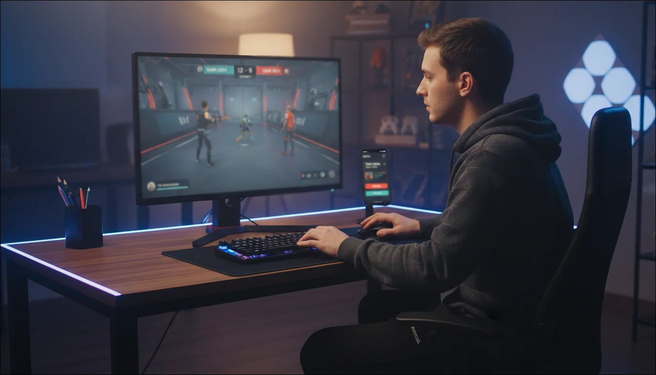 Jovem assistindo torneio de eSports no computador com interface de apostas