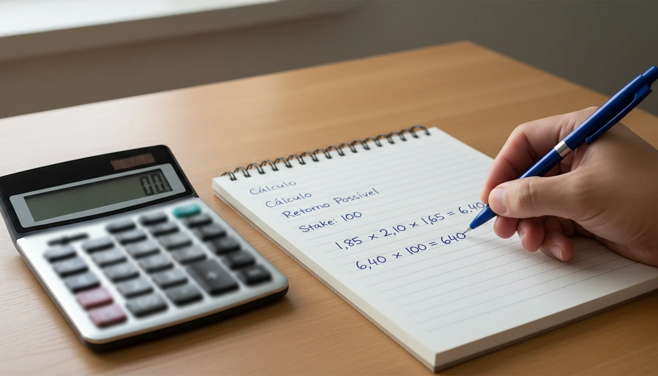 Calculadora e papel com cálculos de odds e retornos de apostas