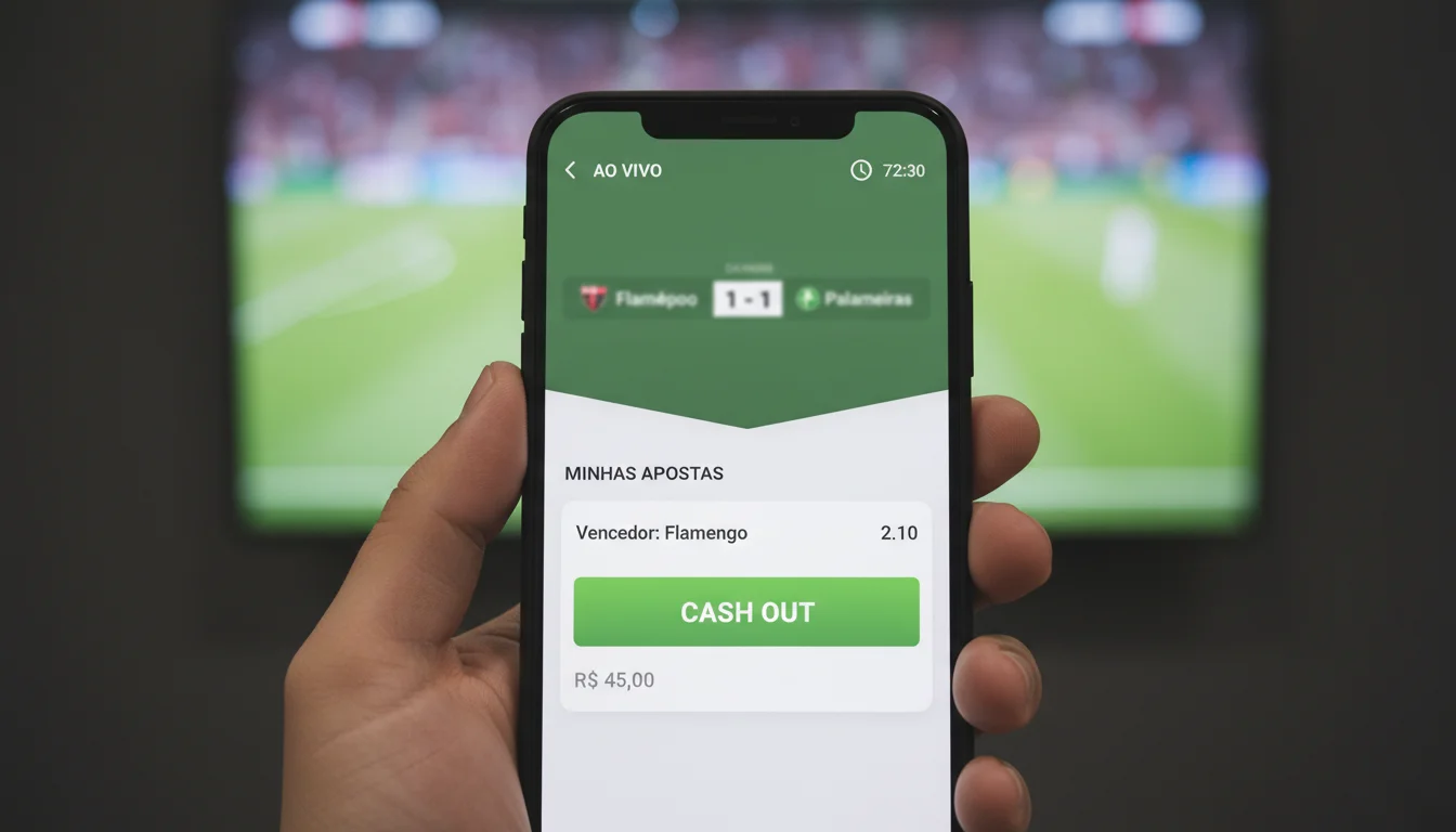 Tela de smartphone mostrando botão de cash out com valor disponível