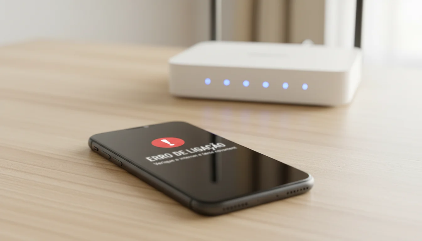 Smartphone mostrando ícone de erro de conexão com Wi-Fi ao fundo