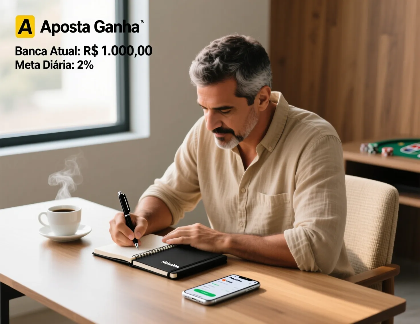 Homem planejando estratégias de apostas responsáveis com anotações e gestão de banca