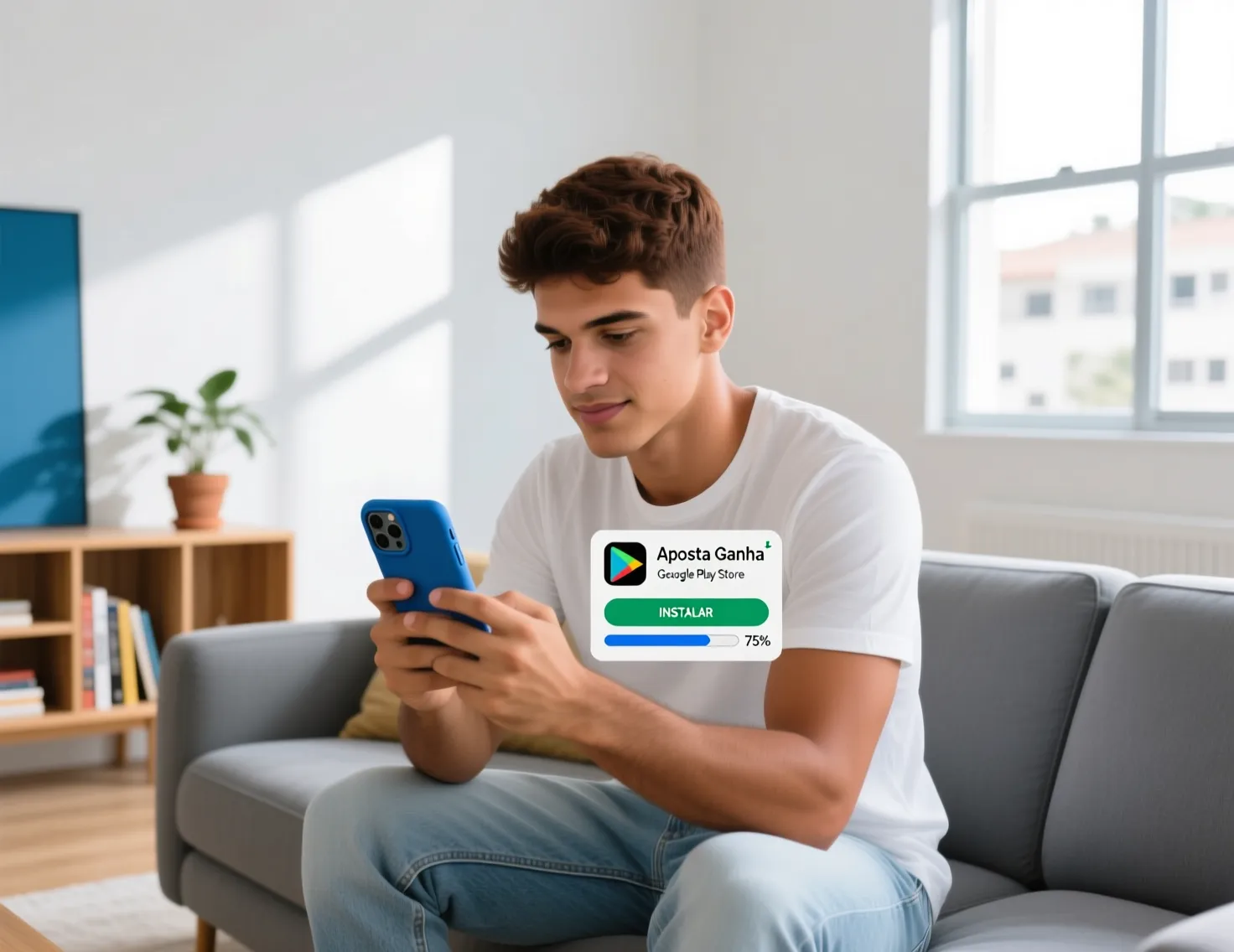 Jovem brasileiro baixando o aplicativo Aposta Ganha no celular Android em casa