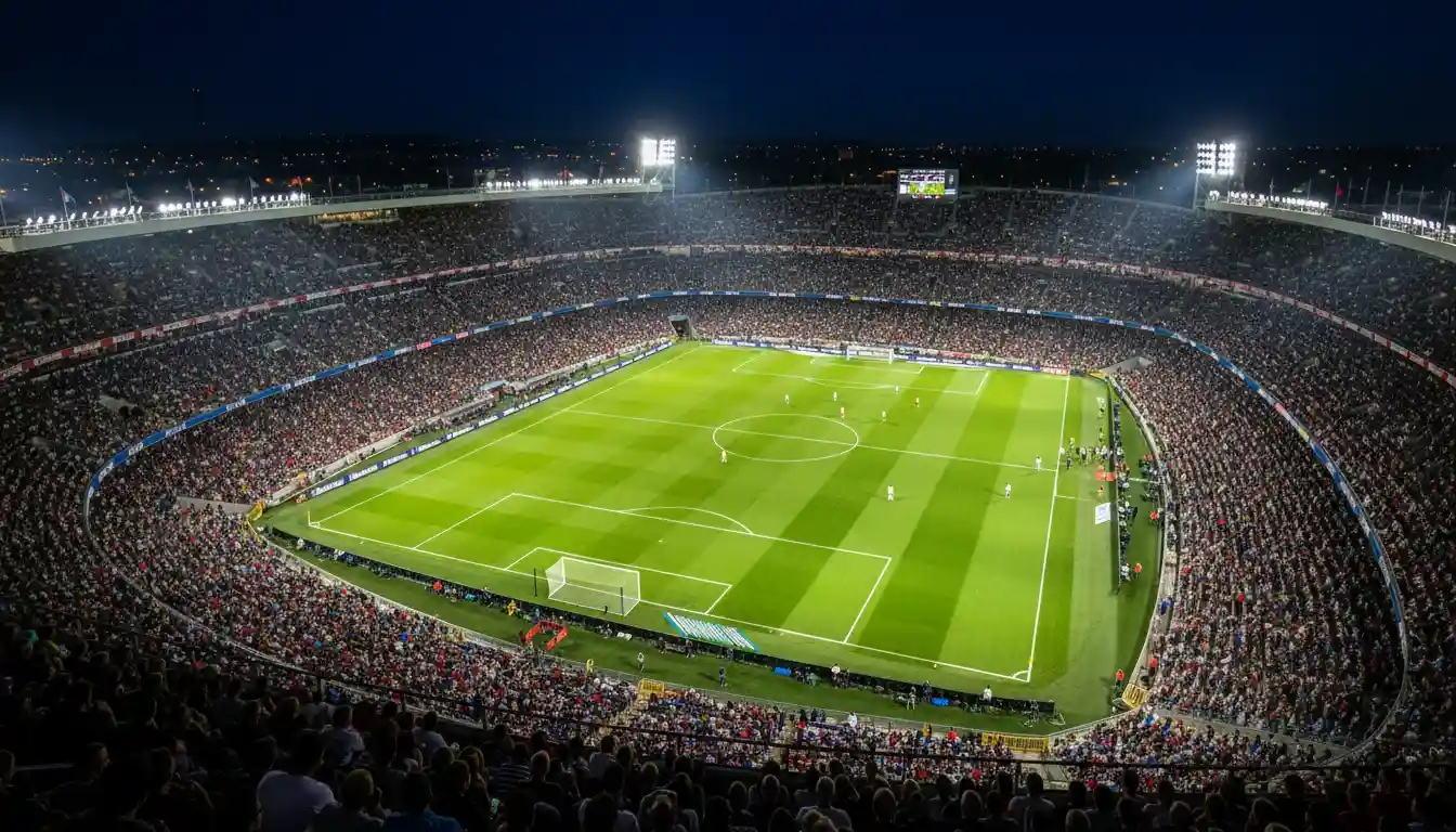 Estádio de futebol lotado com campo verde iluminado à noite