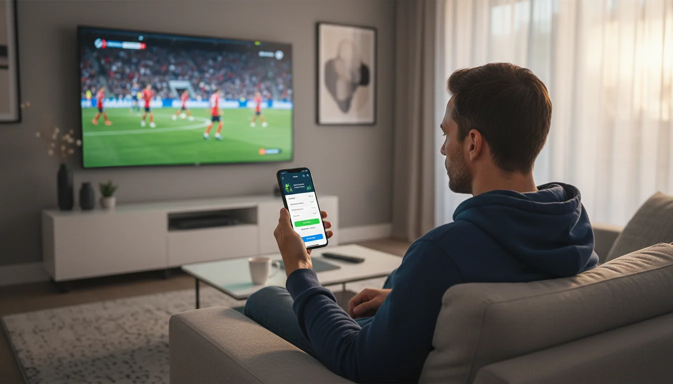 Pessoa assistindo jogo de futebol na TV enquanto usa smartphone para apostar