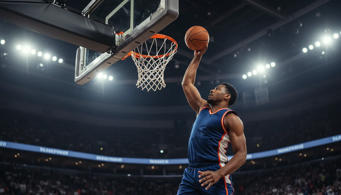 Jogador de basquete fazendo enterrada em quadra iluminada