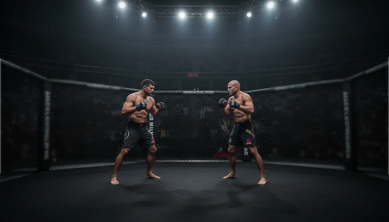 Octógono de MMA iluminado com dois lutadores se encarando
