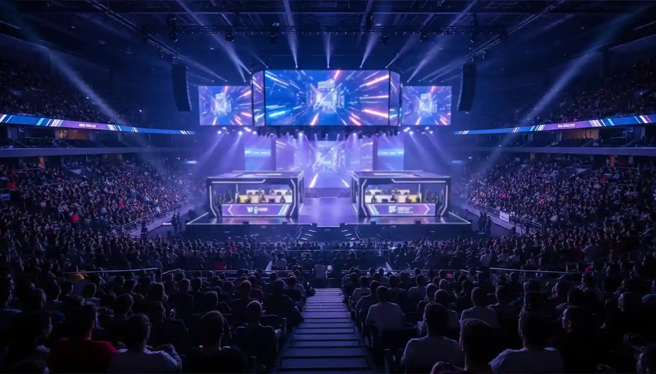 Arena de eSports lotada com telões exibindo partida competitiva