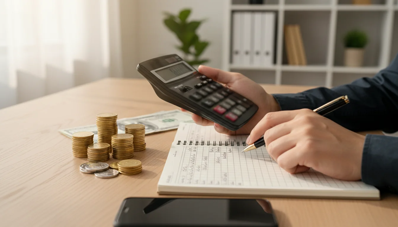 Pessoa organizando notas de dinheiro e calculando orçamento para apostas
