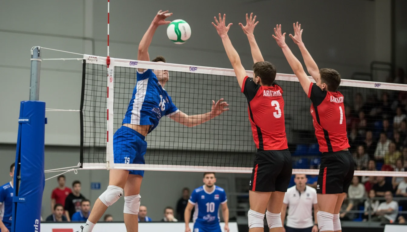 Partida de vôlei profissional com jogadores em ação na rede