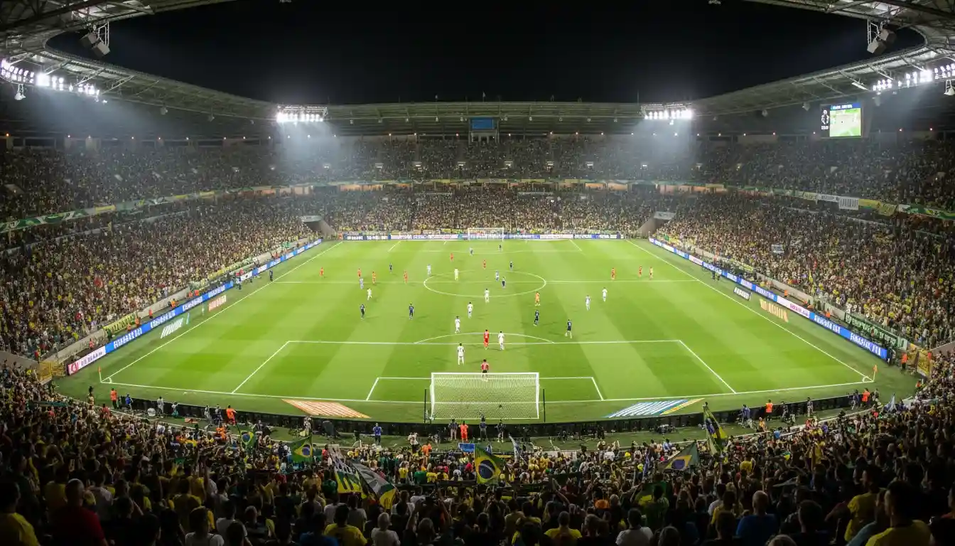 Estádio de futebol brasileiro lotado durante partida do Brasileirão