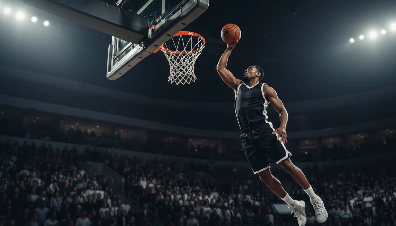Jogador de basquete enterrando a bola em partida da NBA