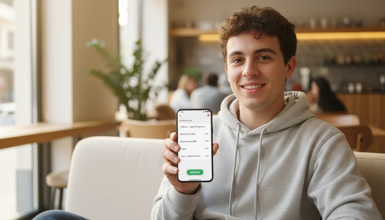 Pessoa sorridente segurando smartphone com aplicativo de apostas aberto