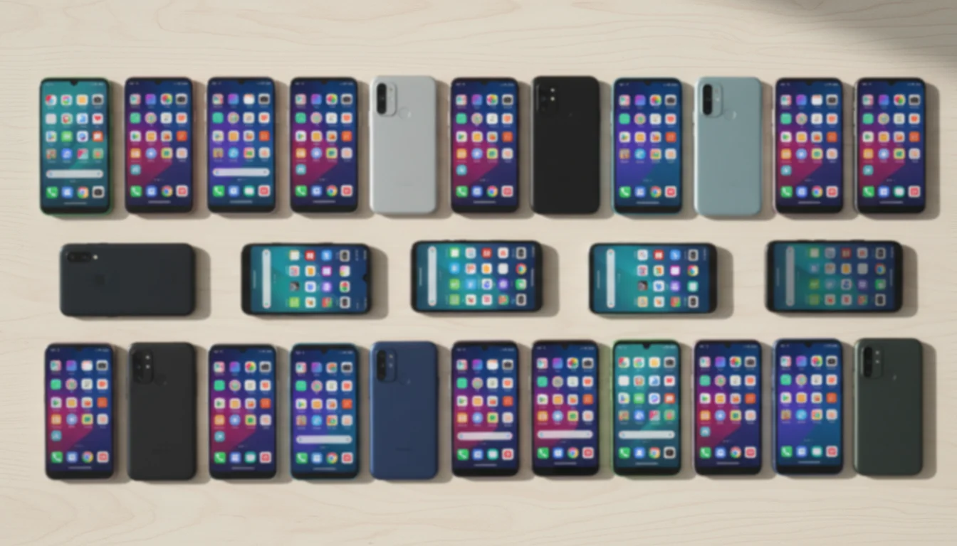 Diversos smartphones modernos dispostos sobre mesa mostrando diferentes marcas e modelos