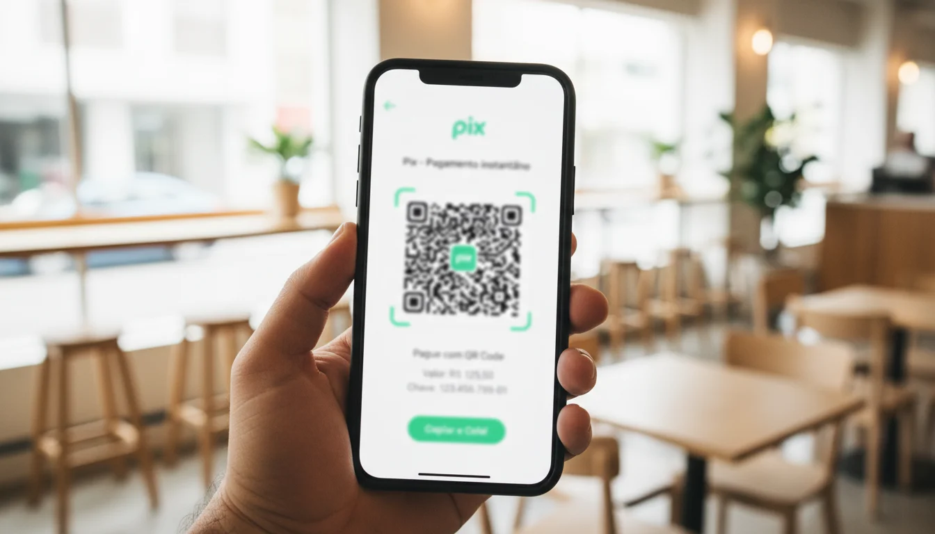 Smartphone exibindo tela de pagamento Pix com QR Code