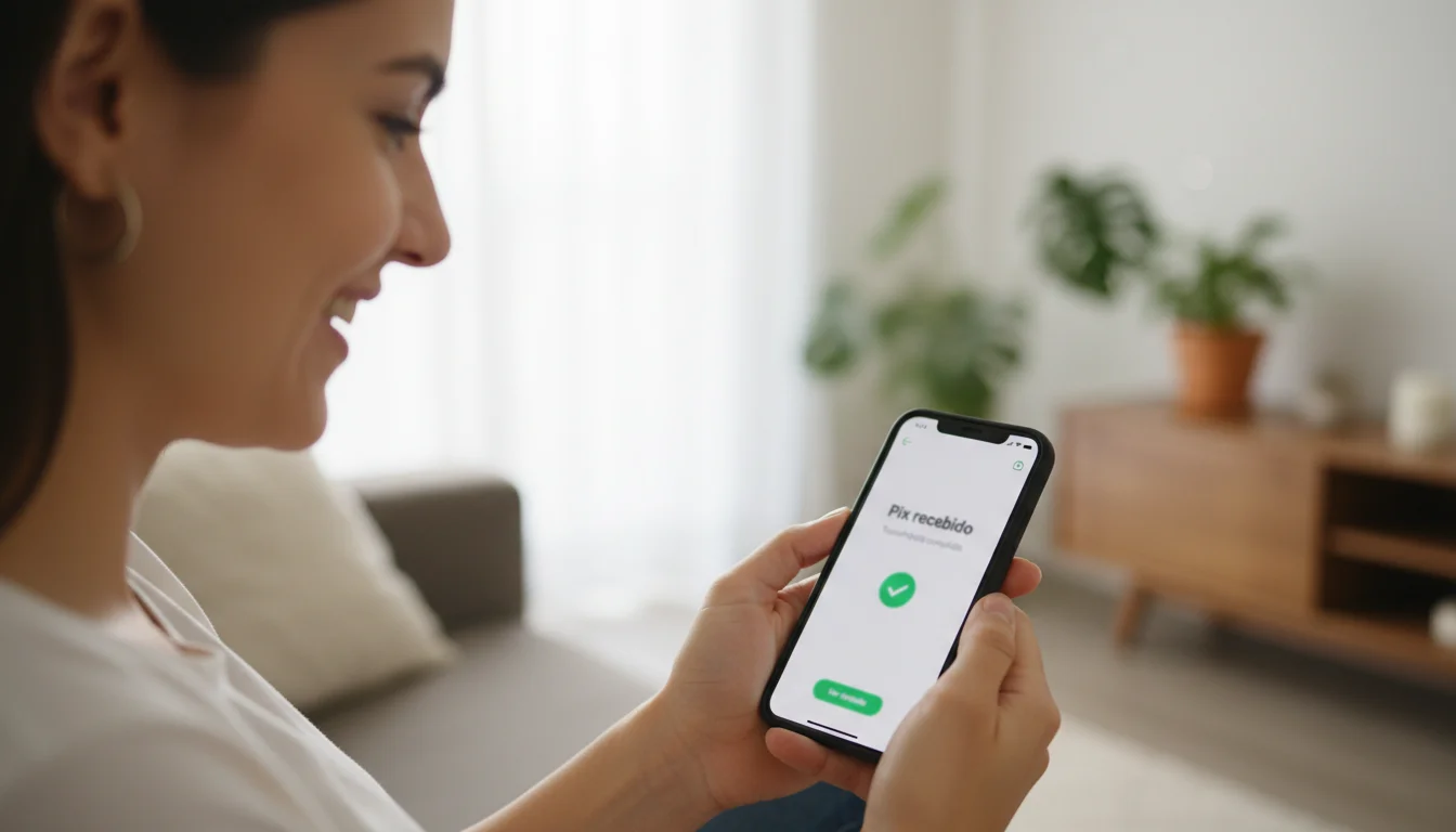 Pessoa sorrindo olhando para smartphone após receber transferência Pix