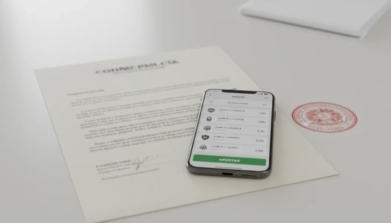Documento oficial com selo de regulamentação e smartphone ao lado