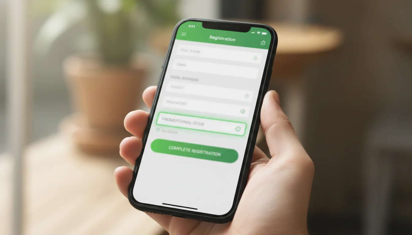 Smartphone com campo de entrada de código promocional na tela de cadastro