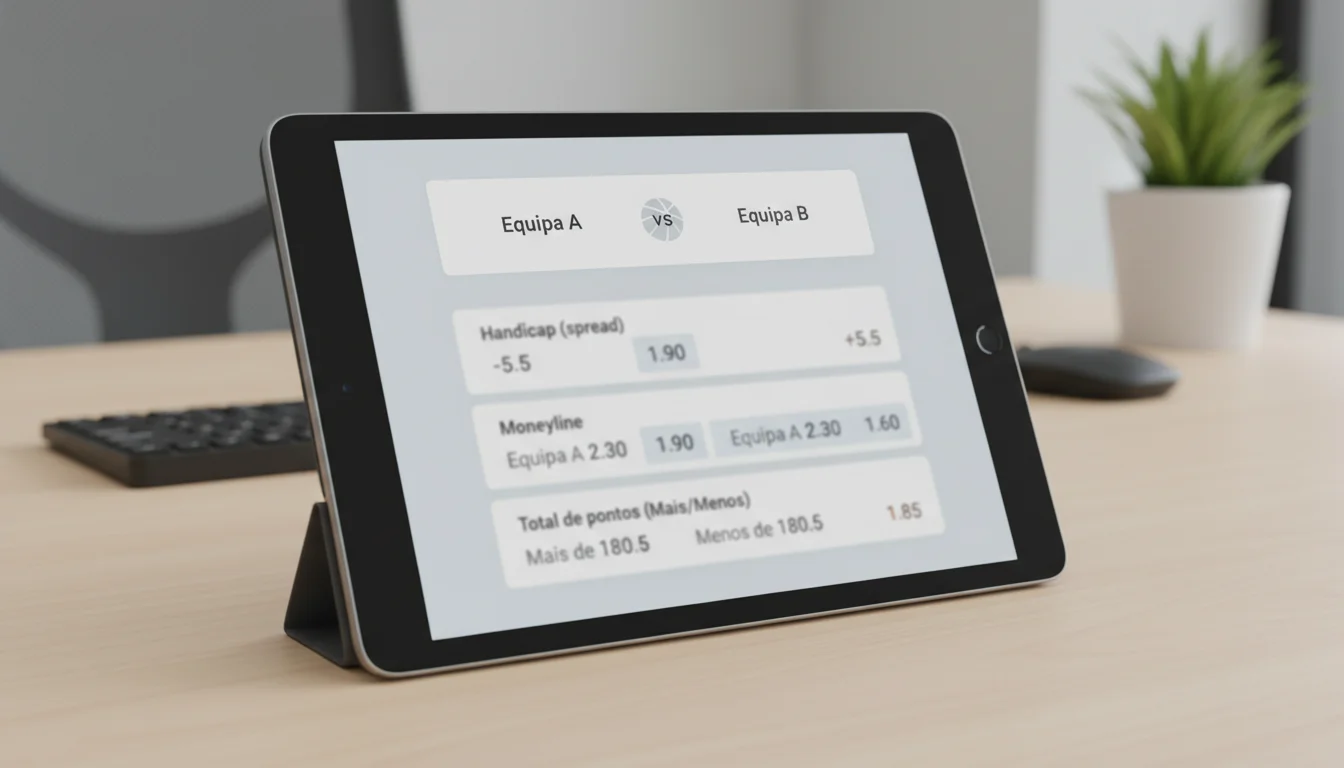 Interface de apostas mostrando mercados de basquete com handicap e totais