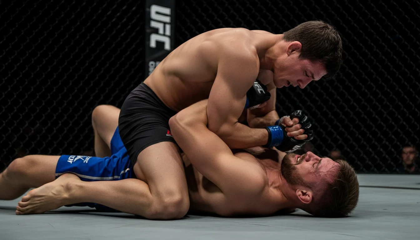 Lutador de MMA aplicando finalização no oponente