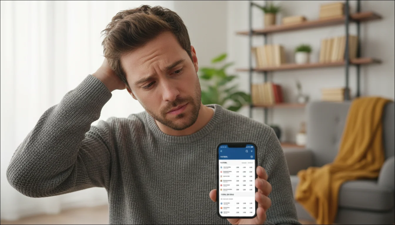 Pessoa confusa analisando diferentes odds em tela de celular