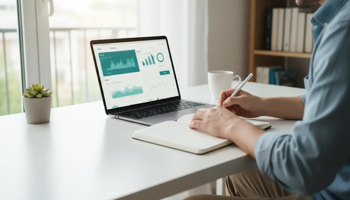 Pessoa analisando gráficos e planejando estratégia em notebook