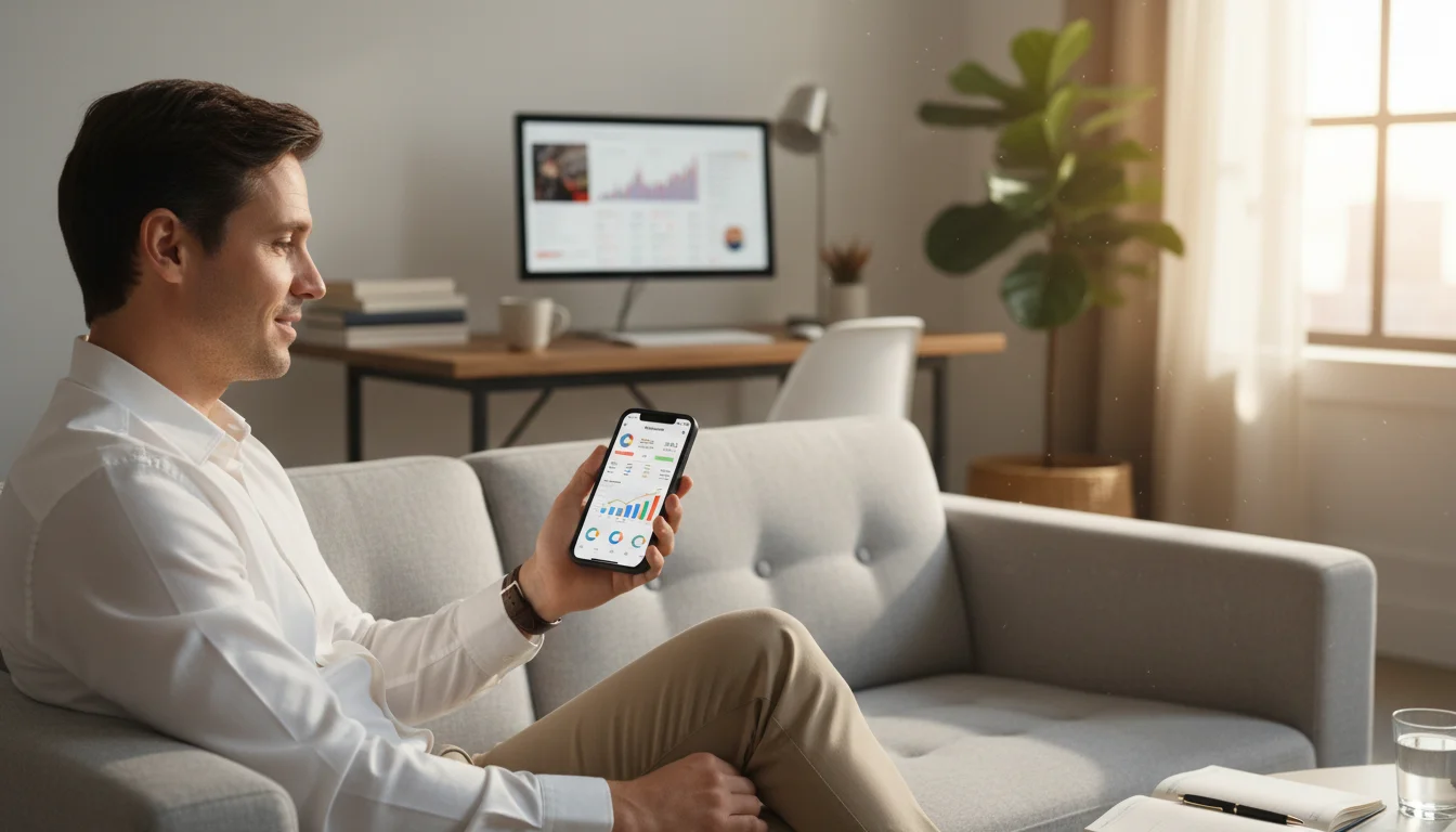 Pessoa analisando gráficos financeiros no smartphone com expressão satisfeita