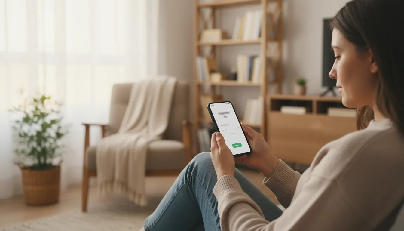 Pessoa usando smartphone com expressão pensativa, planejando suas finanças