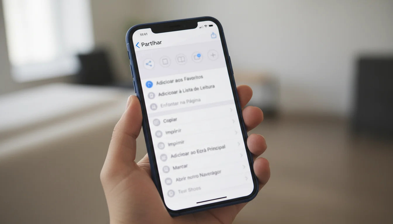 Tela do Safari no iPhone mostrando menu de compartilhamento com opções