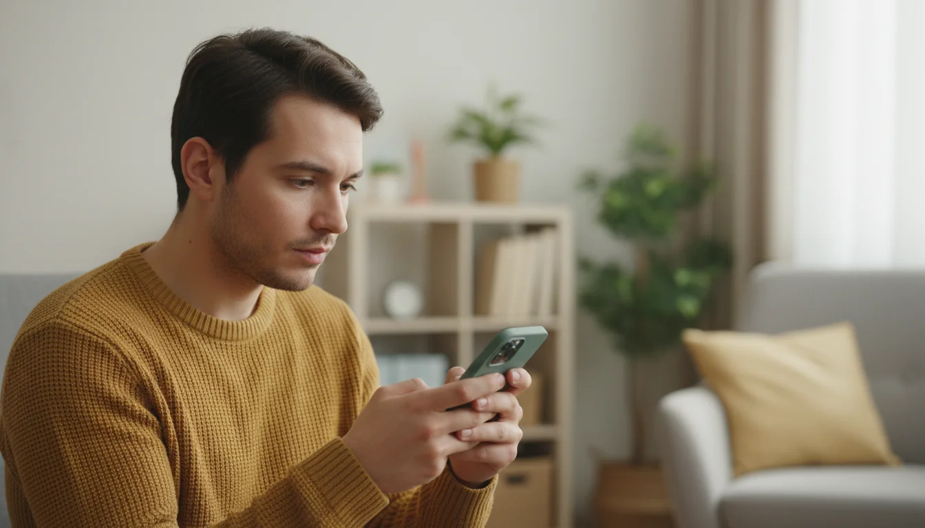 Pessoa pesquisando em smartphone com expressão atenta