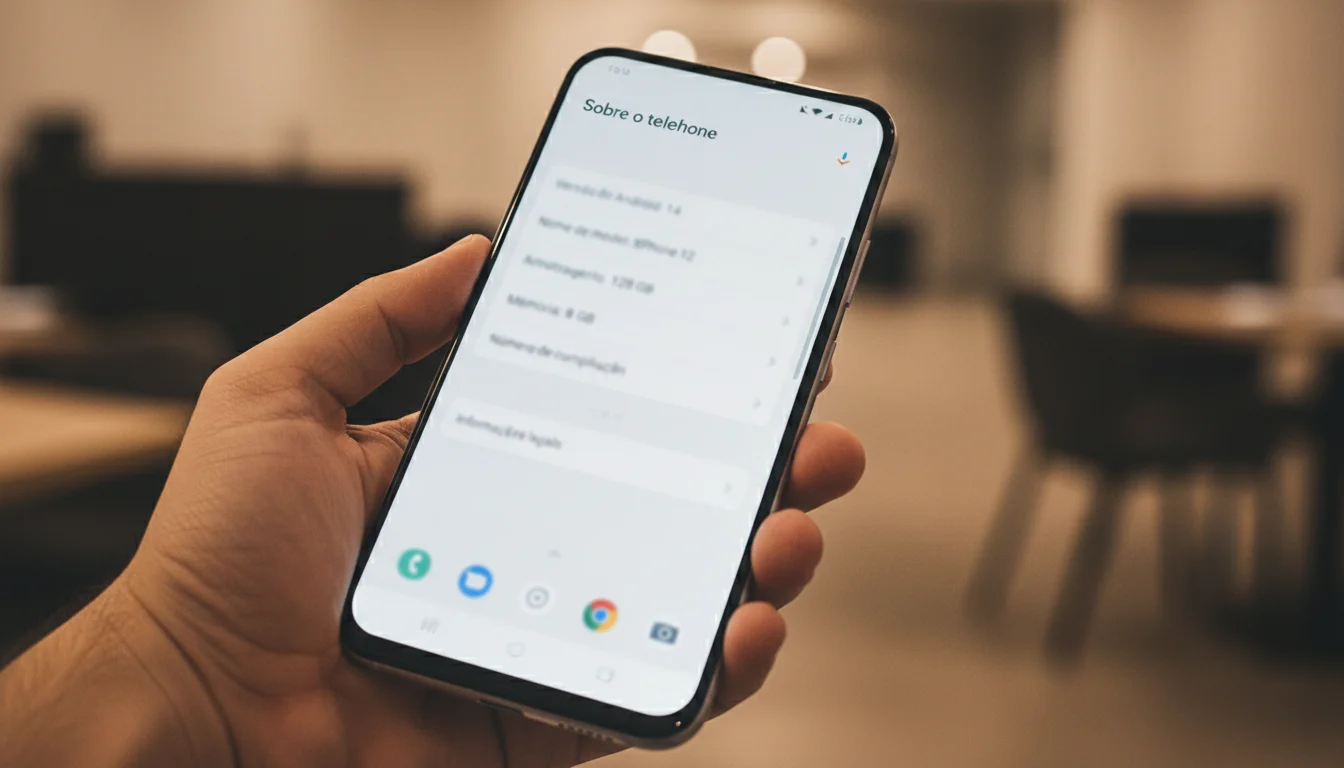 Tela de configurações do smartphone mostrando informações do sistema e especificações técnicas
