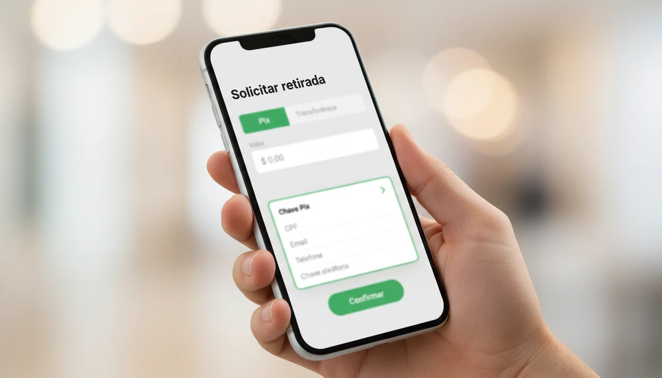 Tela de aplicativo mostrando formulário de solicitação de saque via Pix