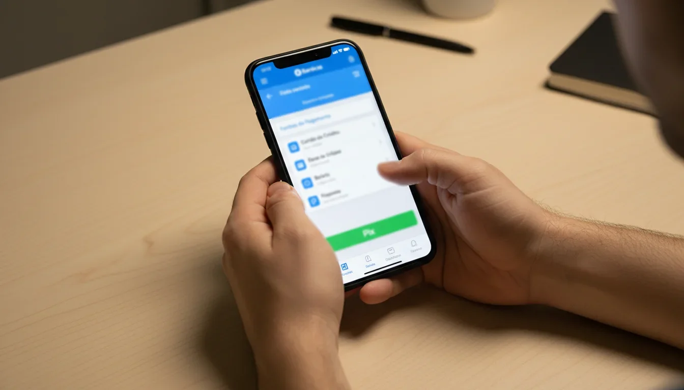 Mãos segurando smartphone com aplicativo bancário aberto mostrando opção de Pix