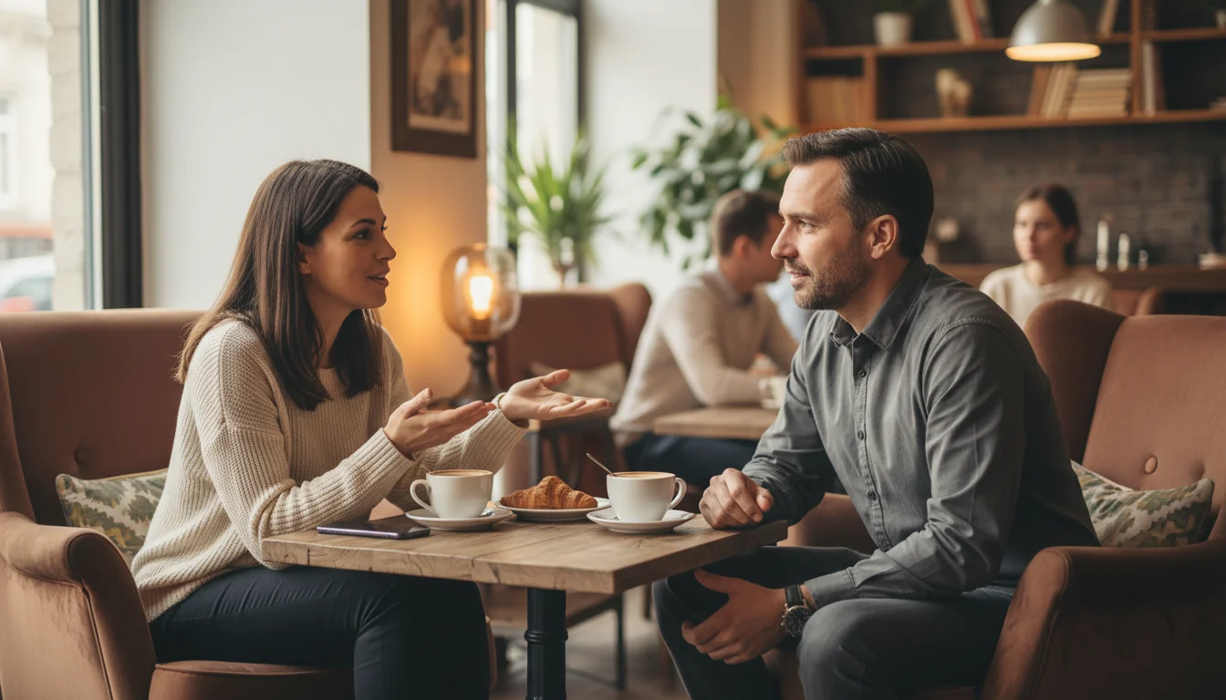 Duas pessoas conversando em ambiente acolhedor oferecendo apoio
