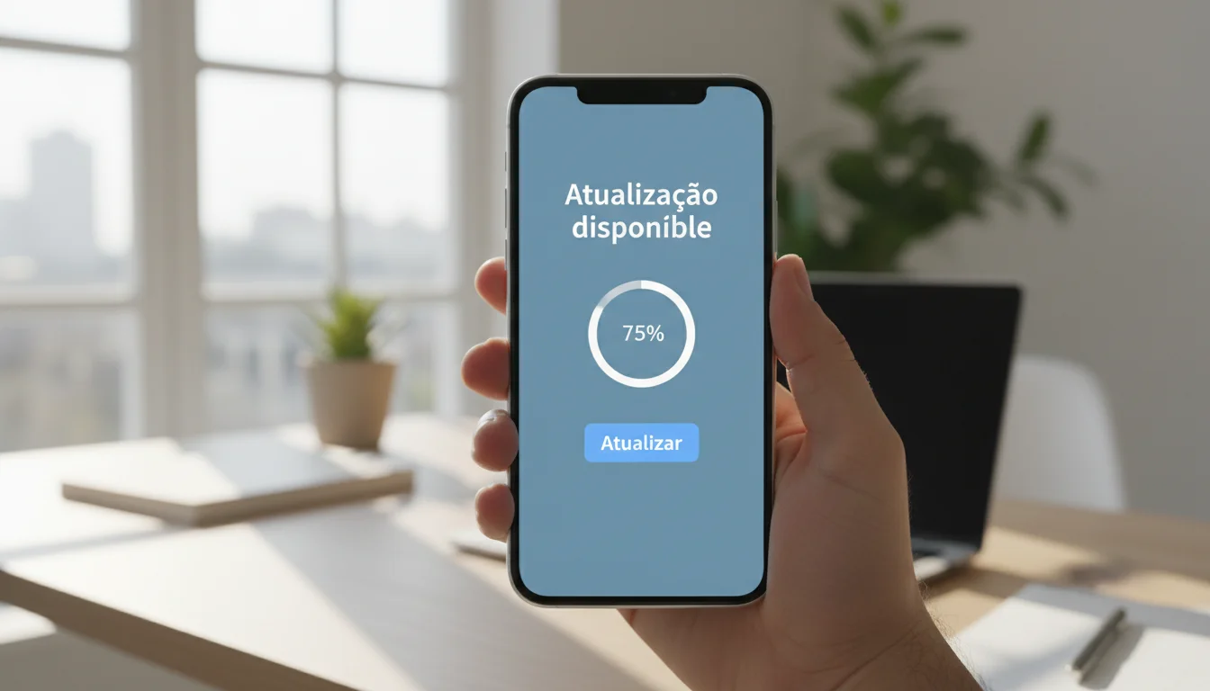 Mão segurando smartphone com ícone de atualização de aplicativo na tela