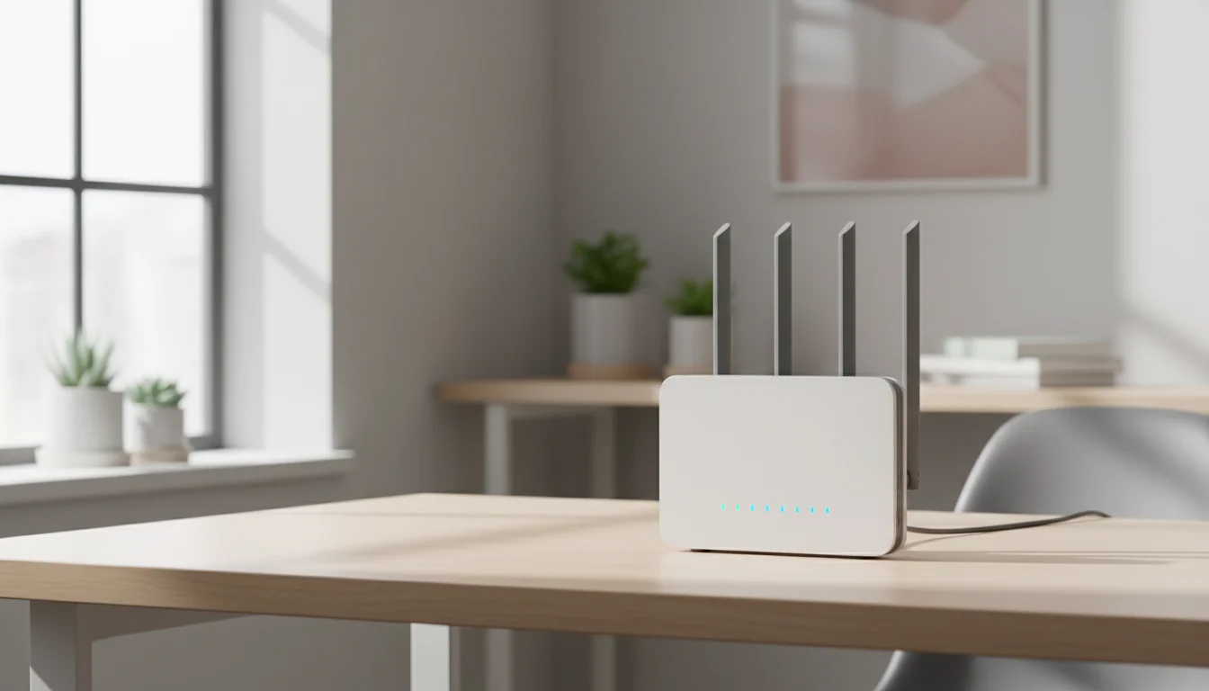 Roteador Wi-Fi moderno com luzes LED indicando conexão ativa em ambiente residencial